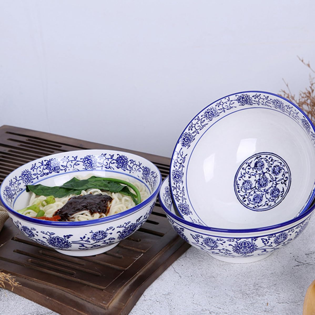 GALPADA 2 Stück Vintage Ramen Schüssel aus Blauer Keramik Große Retro Suppenschüssel für Nudeln und Salat Stilvolle Keramik Nudelschale für Zuhause
