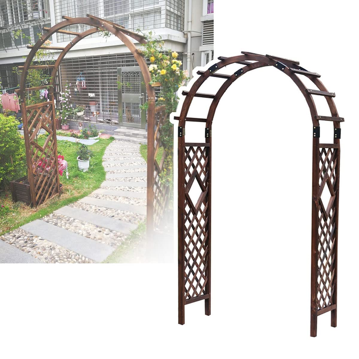 Drewniana pergola ogrodowa w kratę, brązowo-biała altana do roślin pnących, łatwy montaż, kwiat róży, łuk ślubny, idealna na przyjęcia weselne i winorośl