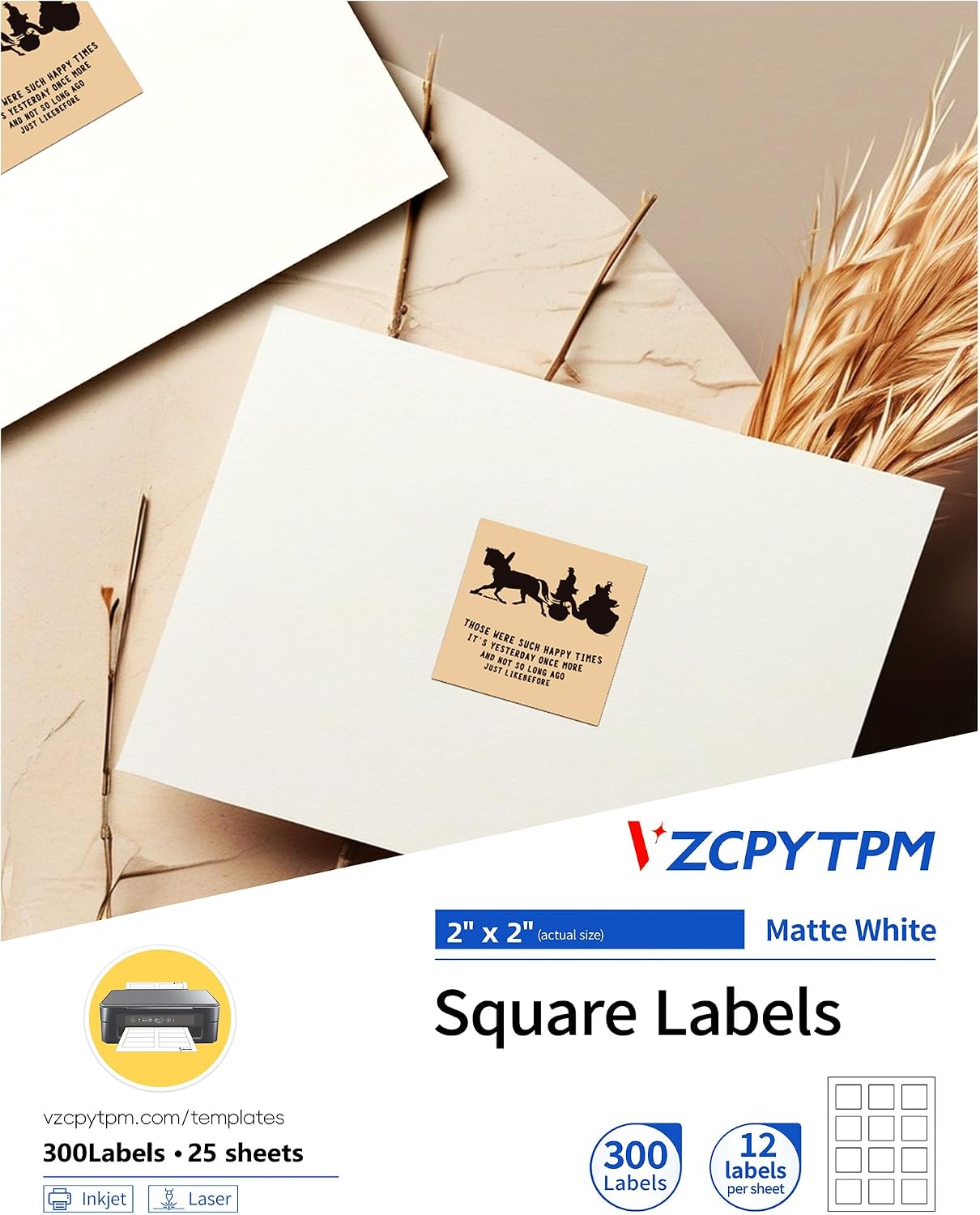 VZCPYTPM 300pcs Printable Blank Square Labels,Matte White,2" x 2",300 Total, for Address Labels,Custom Stickers,Candle,Food Containers,and Personalized Printing