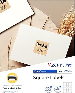 300pcs Printable Blank Square Labels,Matte White,2" x 2",300 Total, for Address Labels,Custom Stickers,Candle,Food Containers,and Personalized Printing