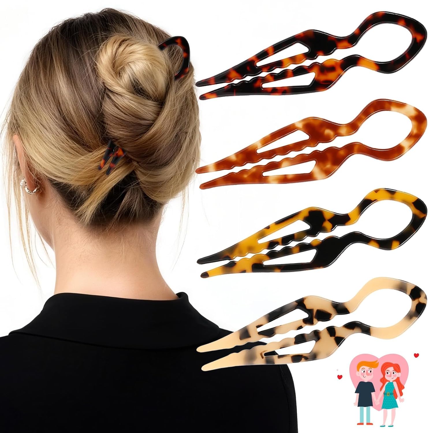 Tiefebene 4PCS Prestige French Hair Pins for Women - Tortoise Shell Acetate Twist Pins for Updos, Buns & Chignons - Strong All-Day Hold for All Hair Types