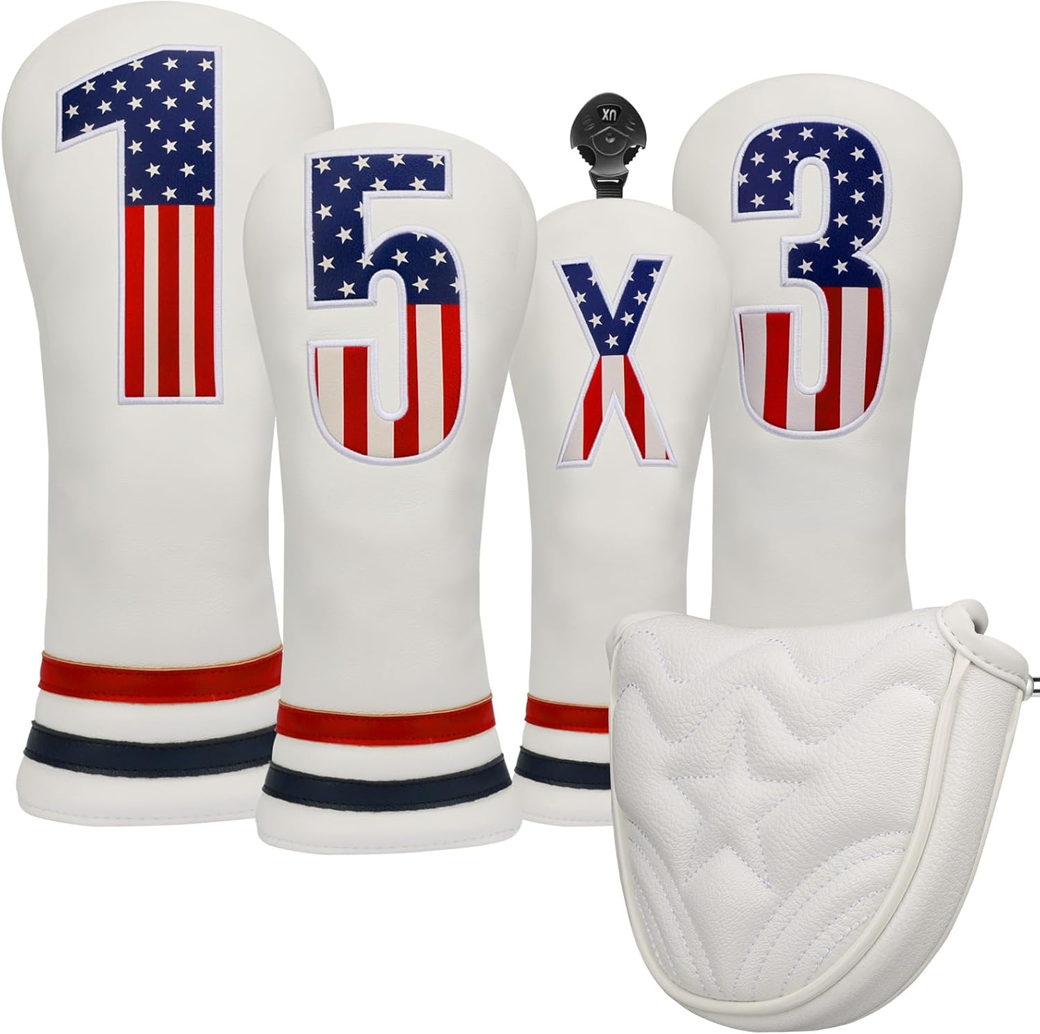 5pcs USA Stars and Stripes Golf Club Covers - 4pcs Golf Club Head Covers for Woods and Driver Fairway hybrids and Mallet Putter Headcovers with Magnetic Closure