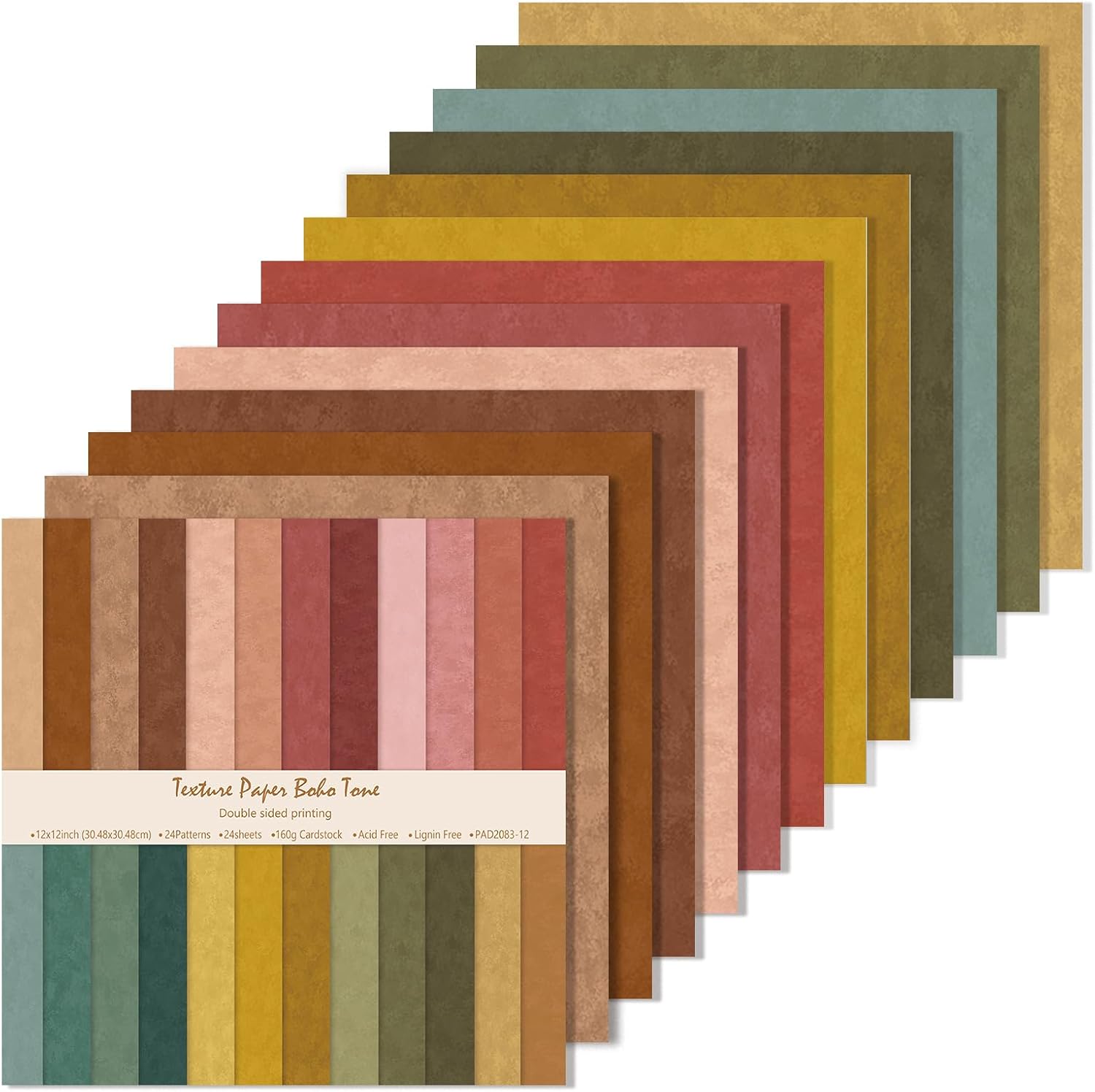 Boho Scrapbook Paper 24 Sheets 12x12 Inch Double Sided Vintage Textured Paper for Junk Journal, Card Making, Scrapbooking Supplies and Photo Album Decor, 160gsm 24 Designs (Soft Color Tone)