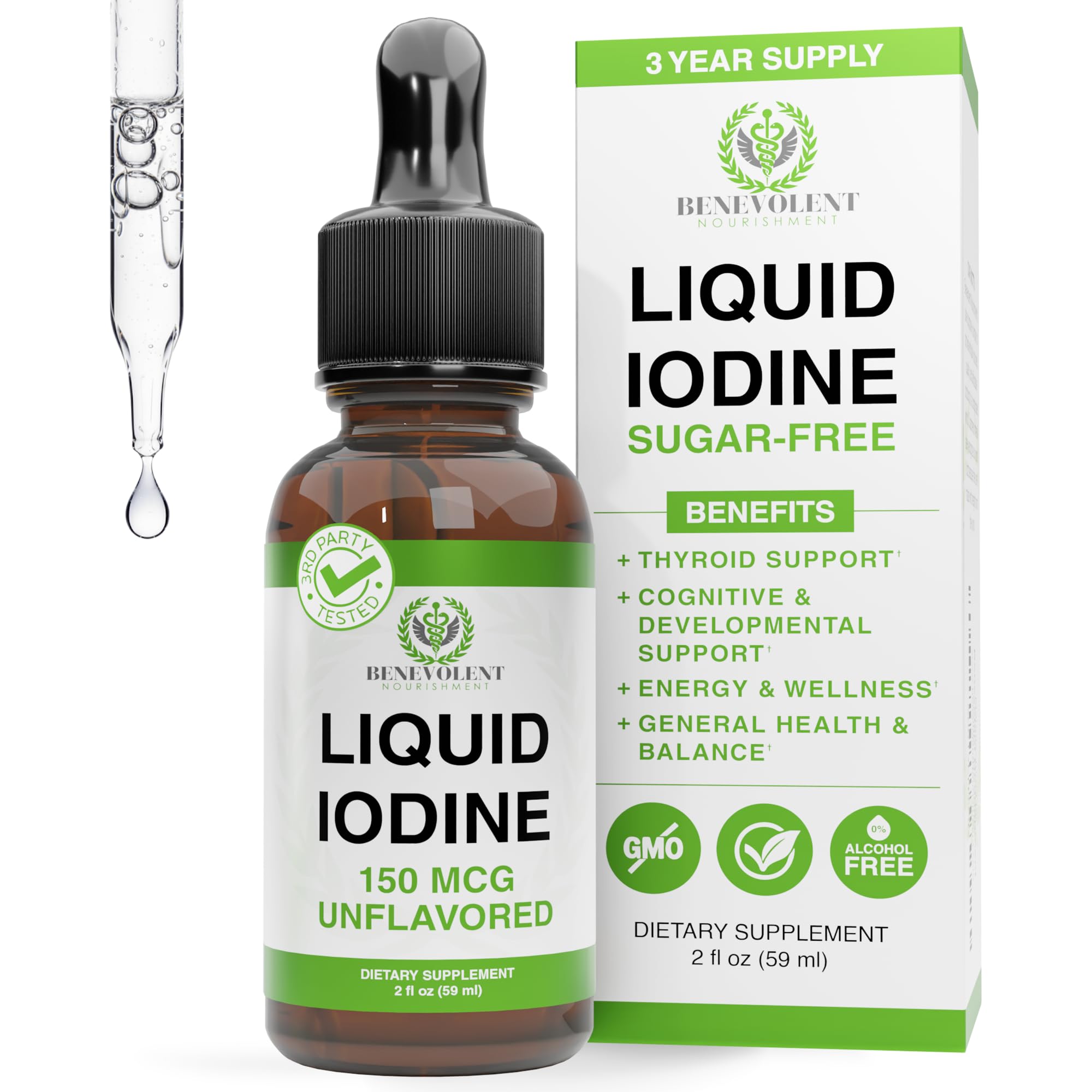 Benevolent Nourishment Alcohol and Gluten-Free Liquid Iodine Potassium Drops with 2X Absorption (Large,2oz Bottle)- 1300 Servings