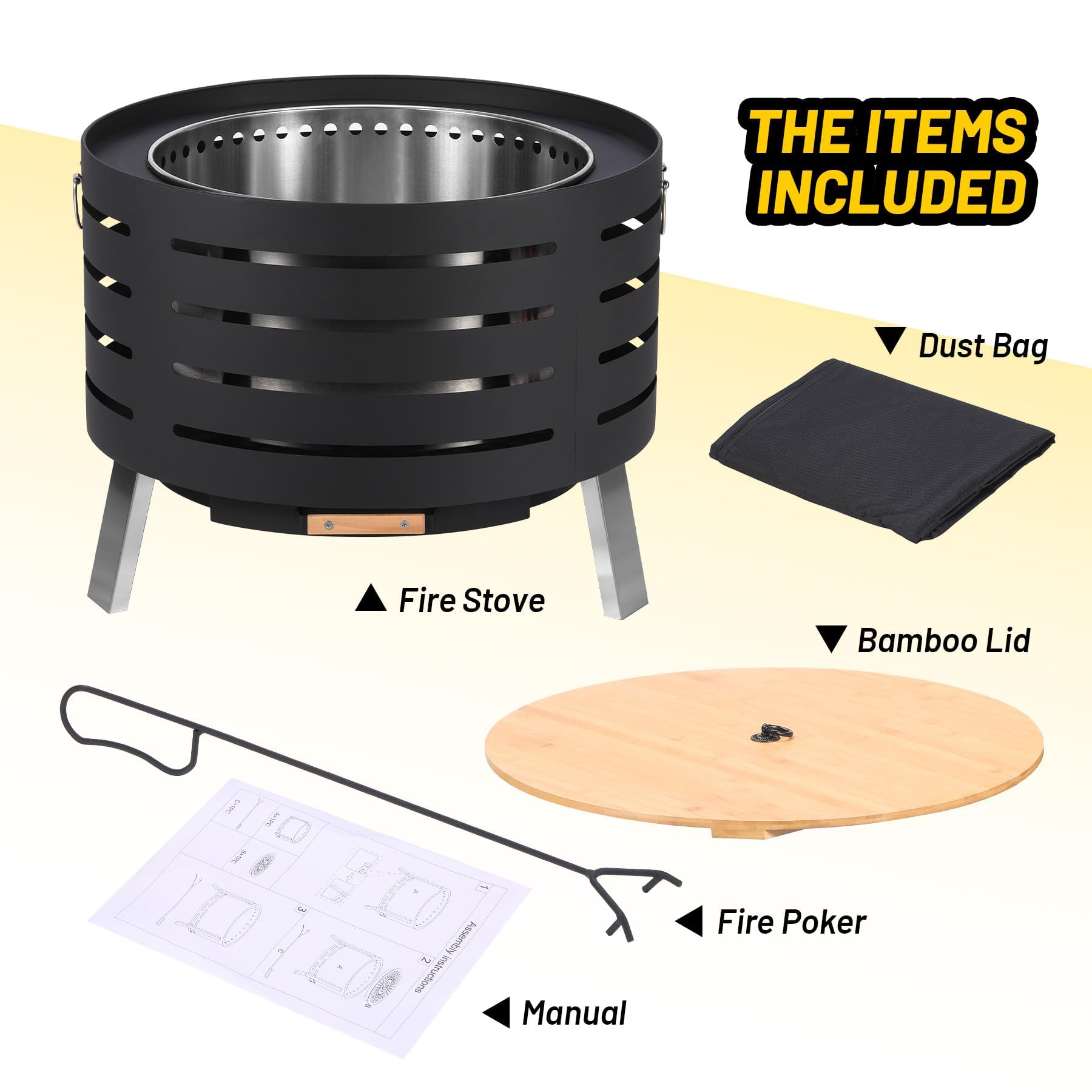 Feuerschale, Ø66cm Feuerkorb mit Funkenschutz, Groß Feuertonne für den Garten mit Schürhaken, Solide und Stabil, Holz & Kohle Feuerstelle inkl Abnehmbare Aschepfanne für Outdoor BBQ Heizung 66x66x50cm