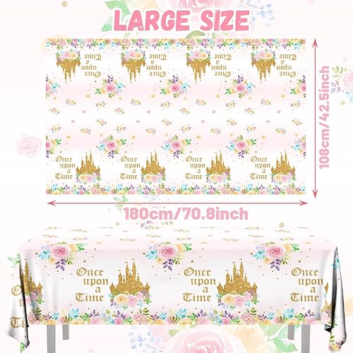Miniatura 5 de Dydamud Manteles de fiesta de té de princesa, mantel de castillo de princesa, 3 piezas Upon a Time, mantel floral rosa para fiesta de cumpleaños de