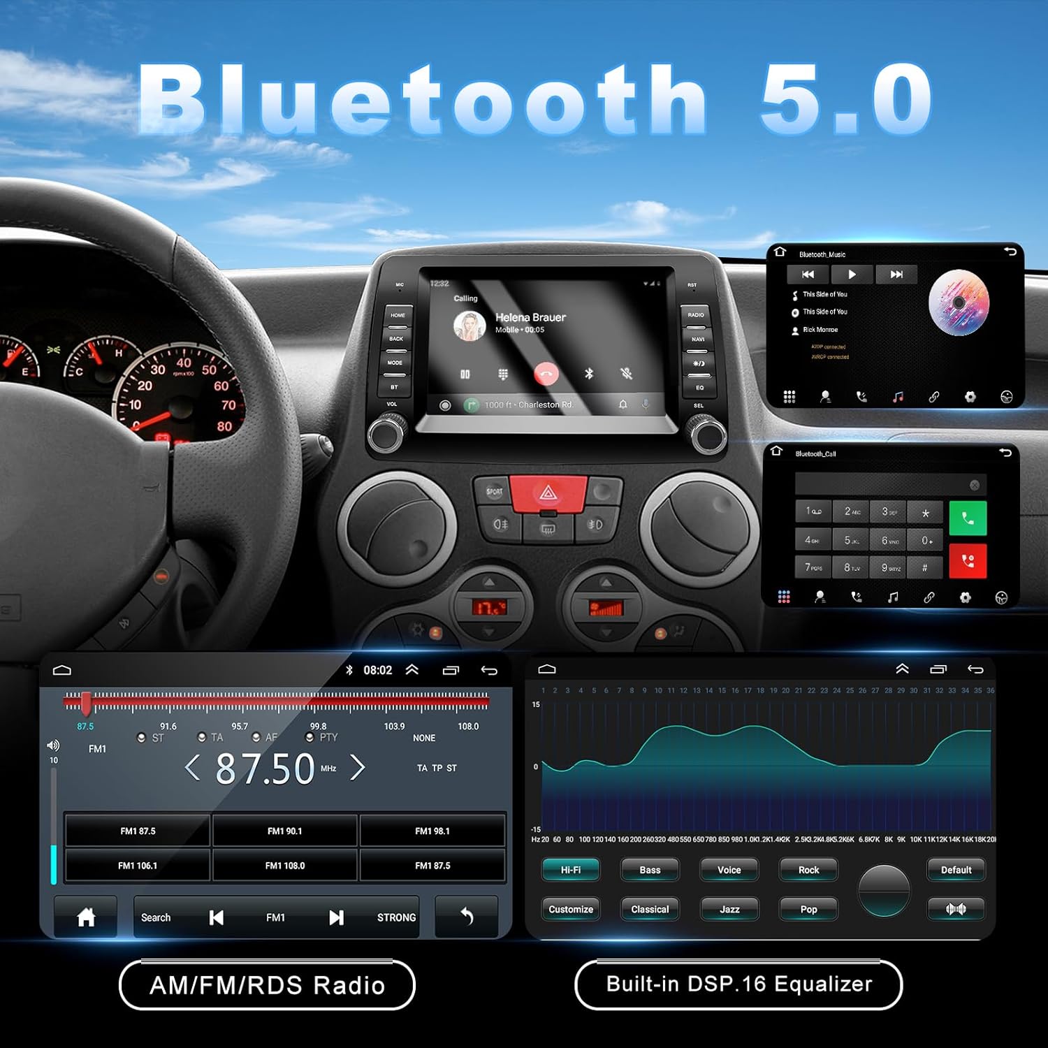 Screenshots of the ANKEWAY Car Radio displaying Bluetooth 5.0 functionality, including a phone call interface and music playback, alongside the FM/RDS radio interface with a built-in 16-band DSP equalizer.