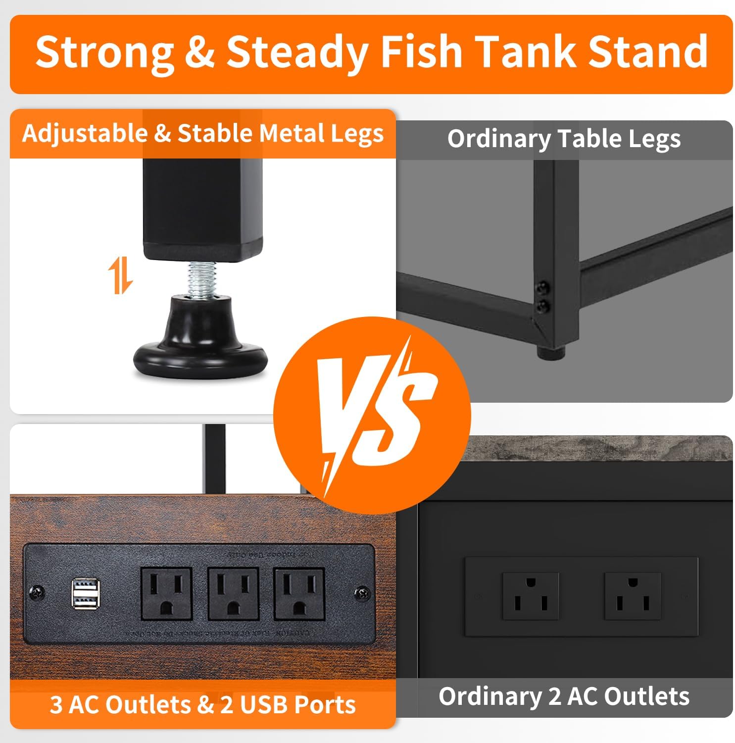 20-29-37 Gallon Fish Tank Stand with 3 Power Outlet 2 USB Port, Metal Aquarium Stand with 4-Tier Adjustable Storage Shelves, 30''L* 13''W*30''H Reptile Tank Stand, Fish Tank Table, 500lbs Capacity