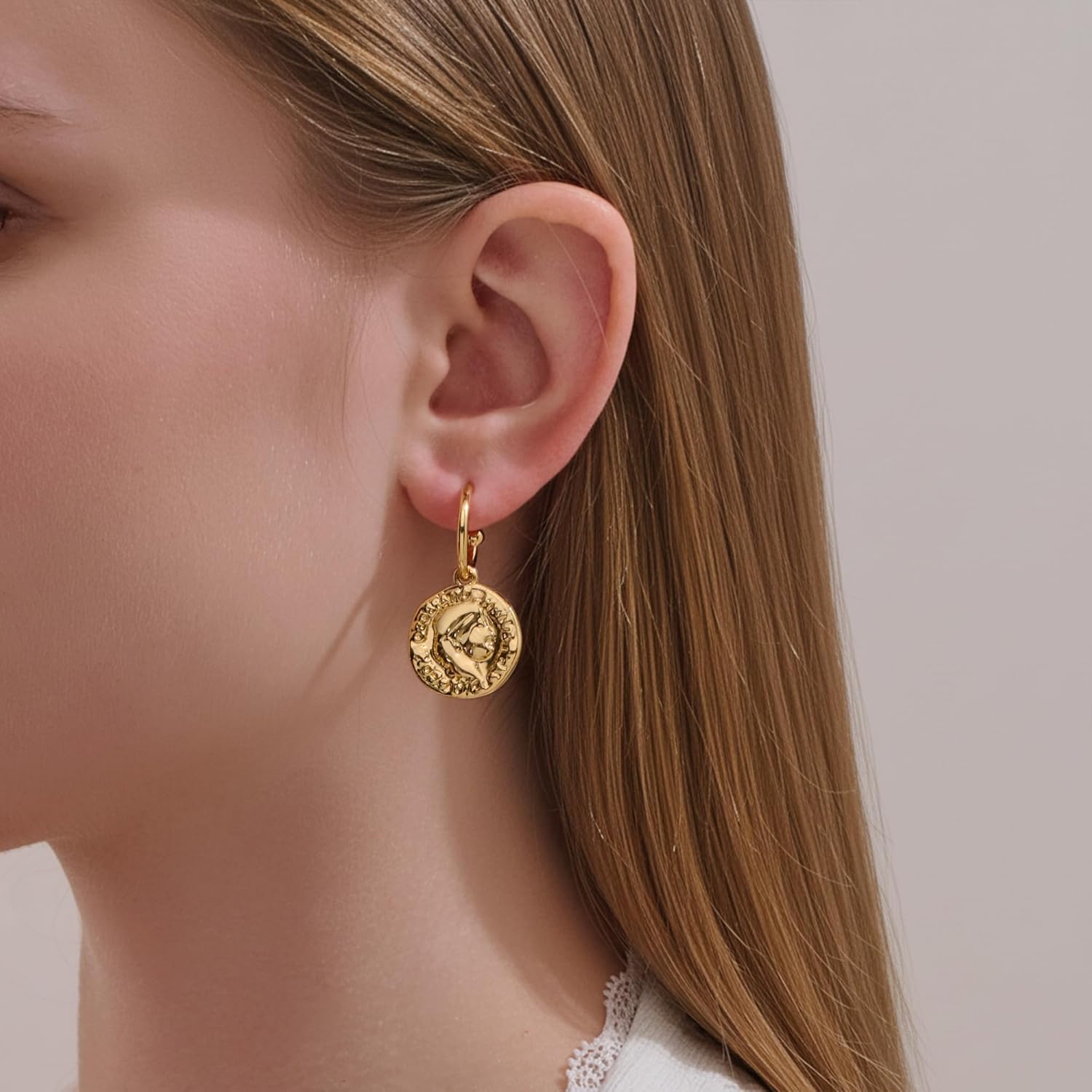 FAMARINE Gold Coin Earrings for Women Dainty Dangle Earring Trendy Gold Hypoallergenic Jewelry - Image 2