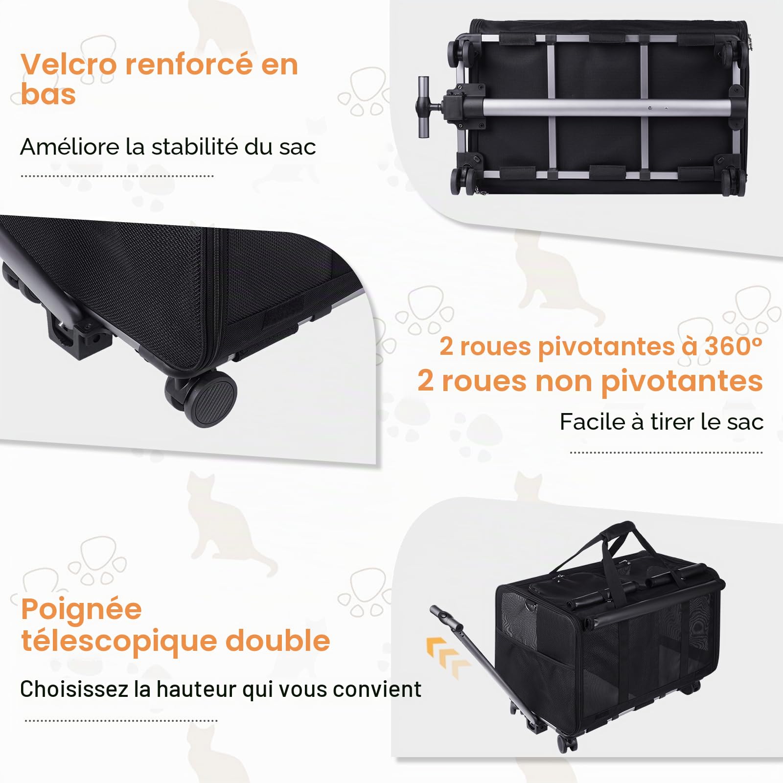 Sac de Transport Portable Double Compartiment pour Animaux à roulettes, Chariot de Voyage avec Poignée et Poches Rangement, Respirant et Confortable, avec Accessoires Bonus - Noir