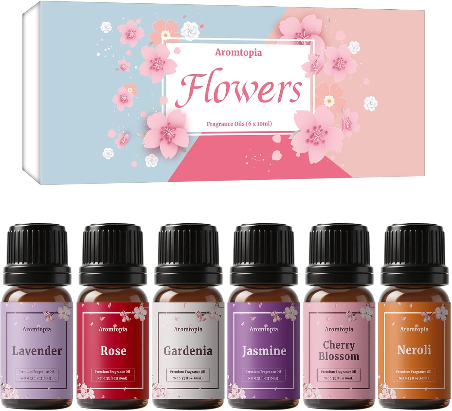 Floral Fragrance Oils, Aromtopia Flowers Essential Oils for Diffusers for Home, 6x10ml, Fragrance Oil for Candle Soap Making, Lavender, Rose, Cherry Blossom, Gardenia, Jasmine, Neroli