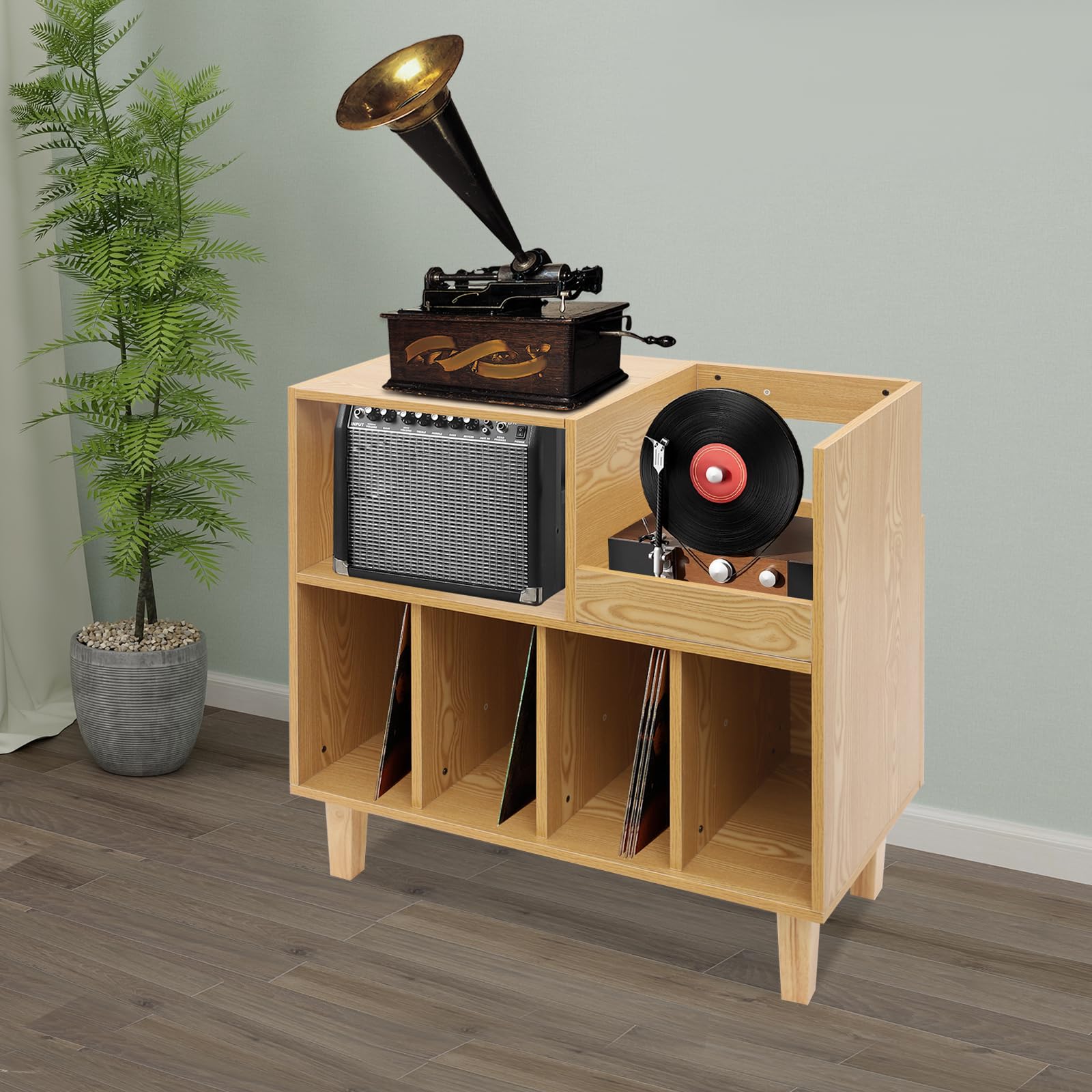 Supporto per giradischi, in legno multistrato con 6 scomparti, portata 45 kg, base rialzata, 82,6 x 80 x 40 cm, per dispositivi di riproduzione in vinile LP CD, per soggiorno