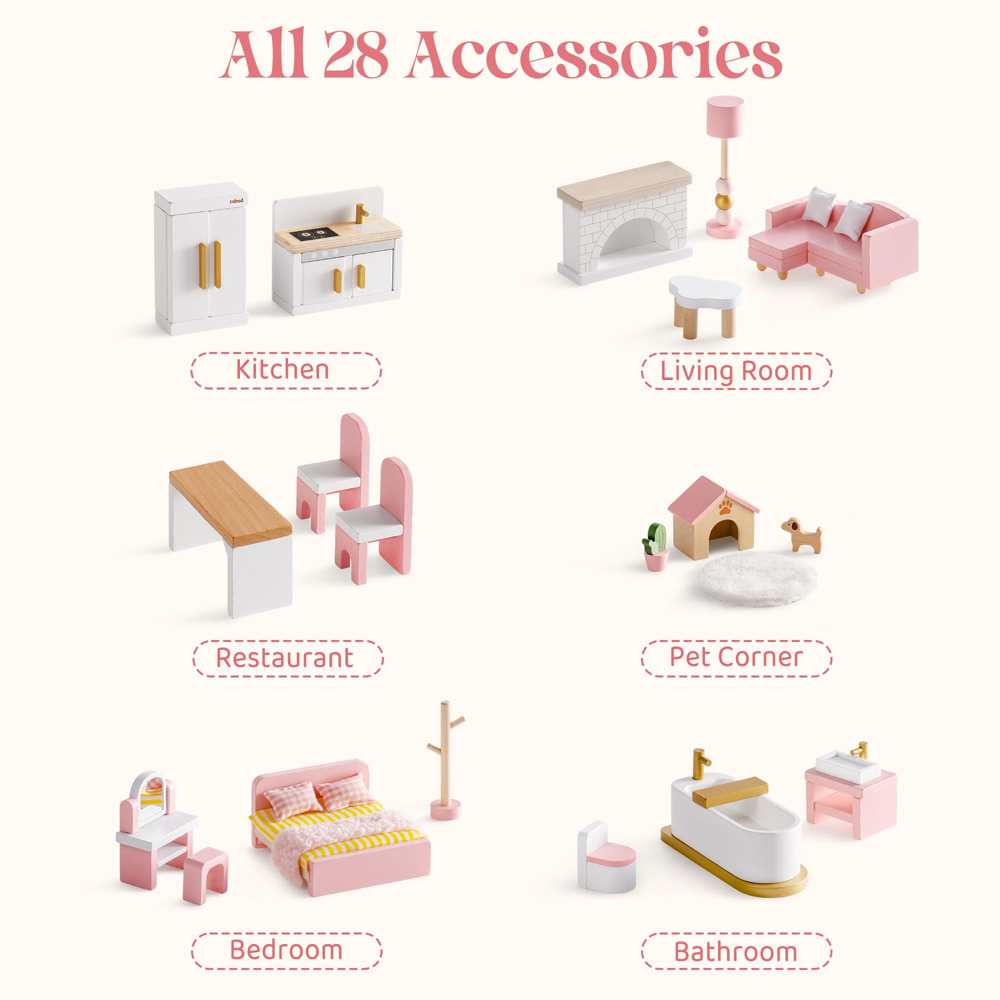 ROBUD Juego de Muebles de Madera para casa de muñecas, 28 Piezas, Accesorios para casa de muñecas, Dormitorio, Cocina, salón, baño, Comedor, Regalo Rosa para niños