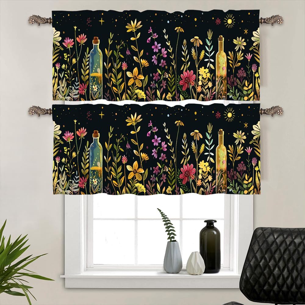 2 Panels Cartoon Floral Bottle Curtain Valance for Windows, Abstract Star Sky Garden Rod Pocket Short Window Treatment Decor Drapes for Kitchen, Bathroom, 54" X 18"
