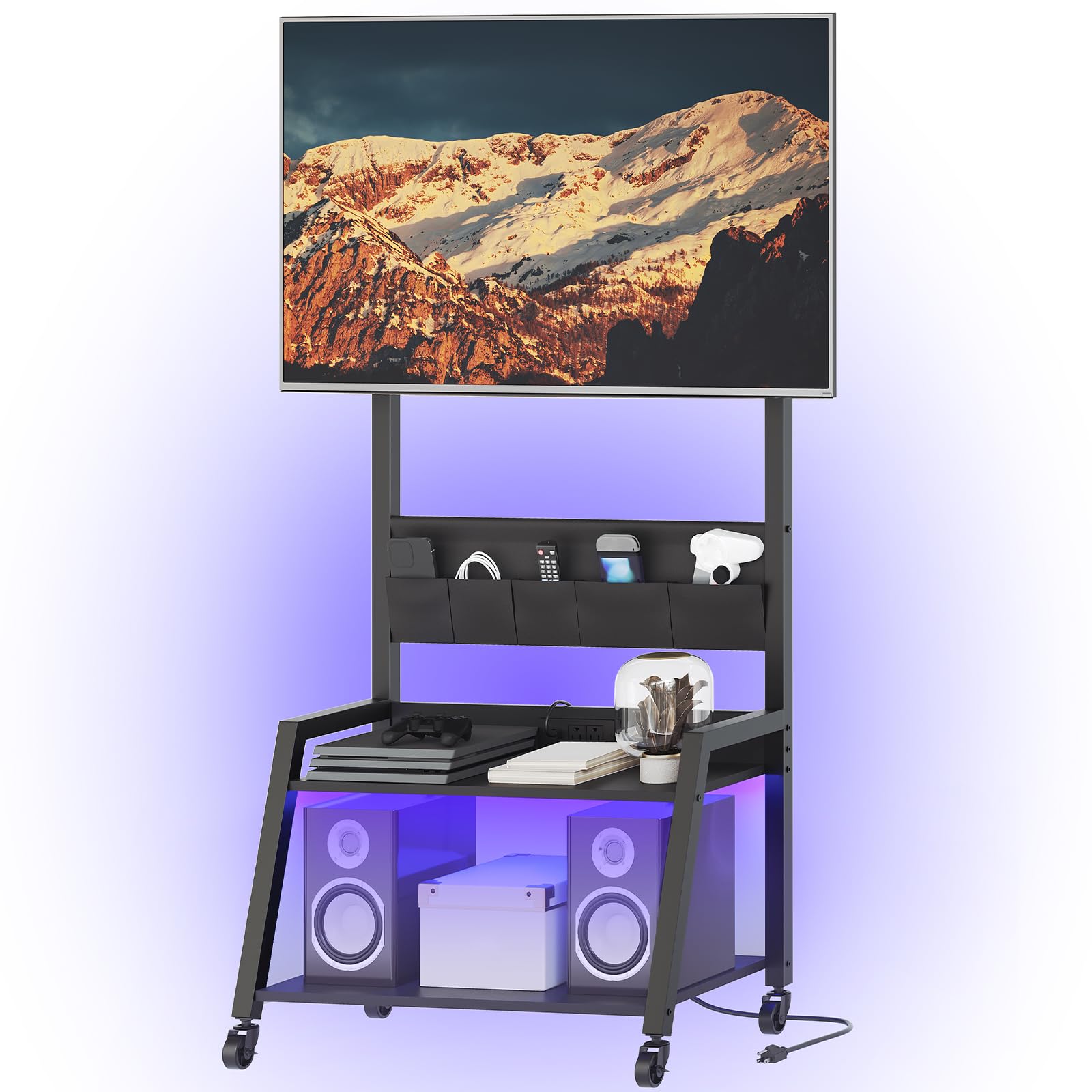 YATINEY Rolling TV Stand with Power Outlet, Mobile TV Stand with LED Light Up to 55" TVs, TV Cart with Mount, 5 Oxford Fabric Pouches, for Living Room