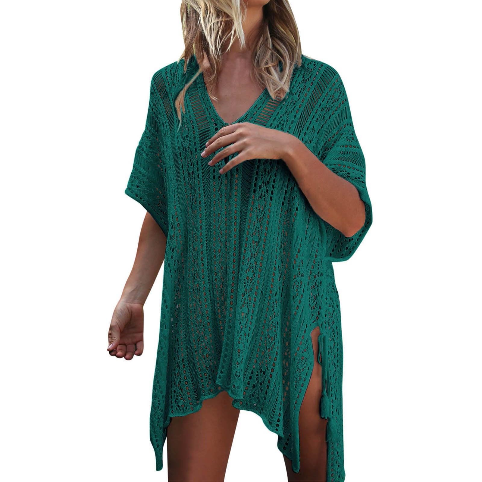 Generic Vestido de playa de ganchillo para mujer, vestido de playa, poncho de playa, verano, bohemio, vestido de verano, sexy, vestido de encaje hasta la rodilla, túnica, vestido de playa, flecos, caftán,