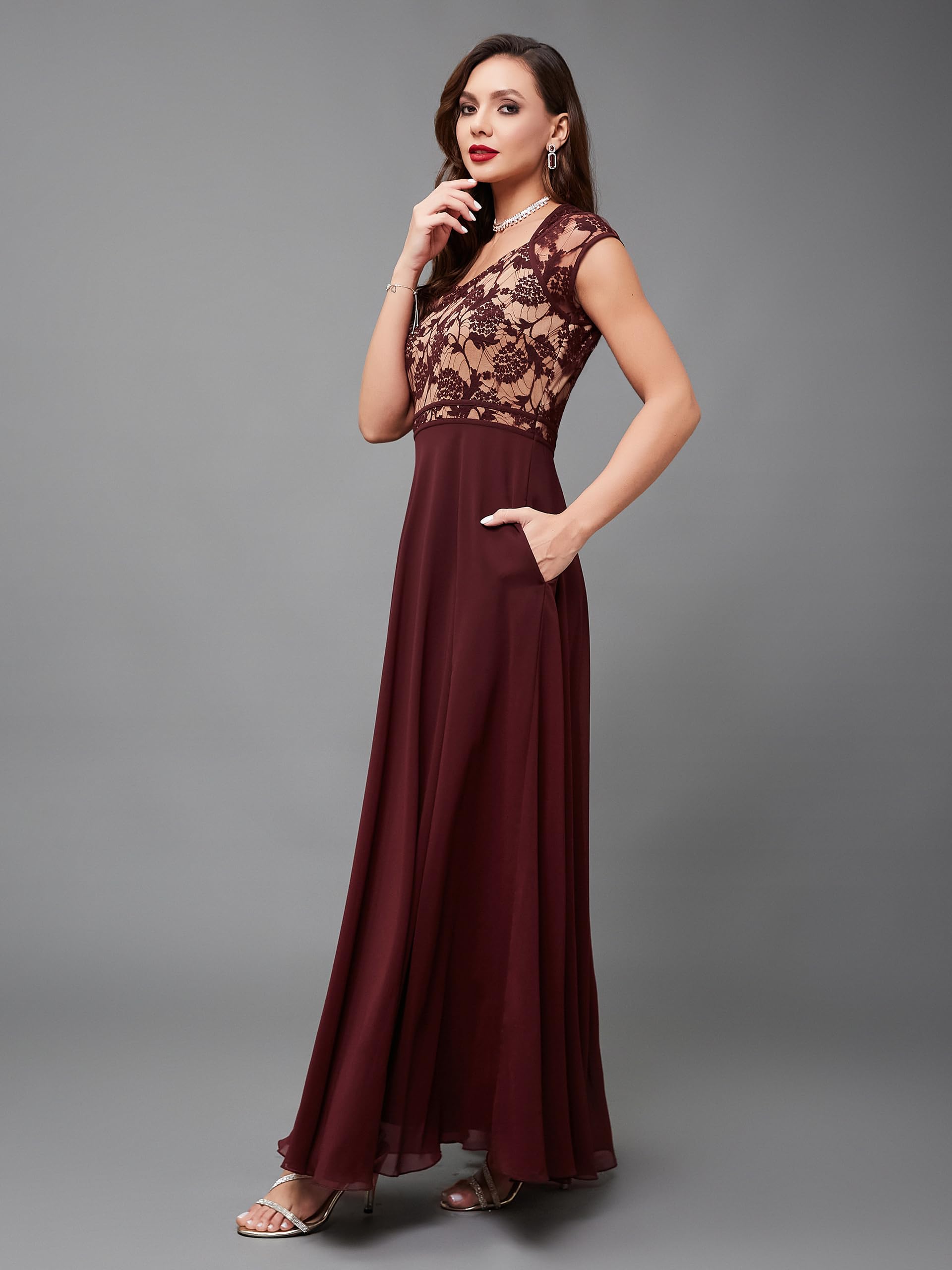 Miss Chase Women's V-Neck Cap Sleeves Lace Overlaid Fit & Flare Maxi Dress With Pockets (Plus (Mcss24D97-12-603-08, Wine & Beige, 3Xl)