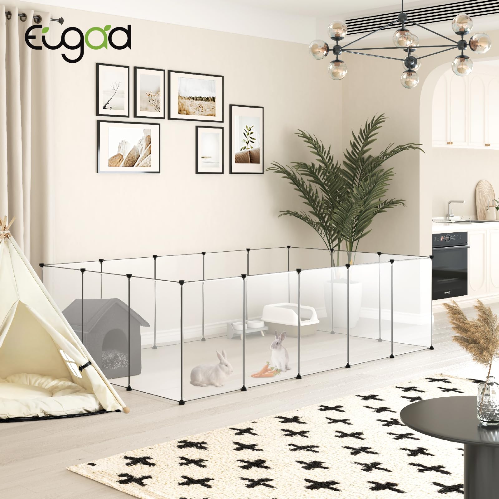EUGAD Valla para Mascotas, Parque para Animales Pequeños Jaula Modular de Plástico para Conejos, Hamster, Cobayas, Recinto Interior con 16 Paneles (50x70cm/panel) 302 x 72 x 102 cm