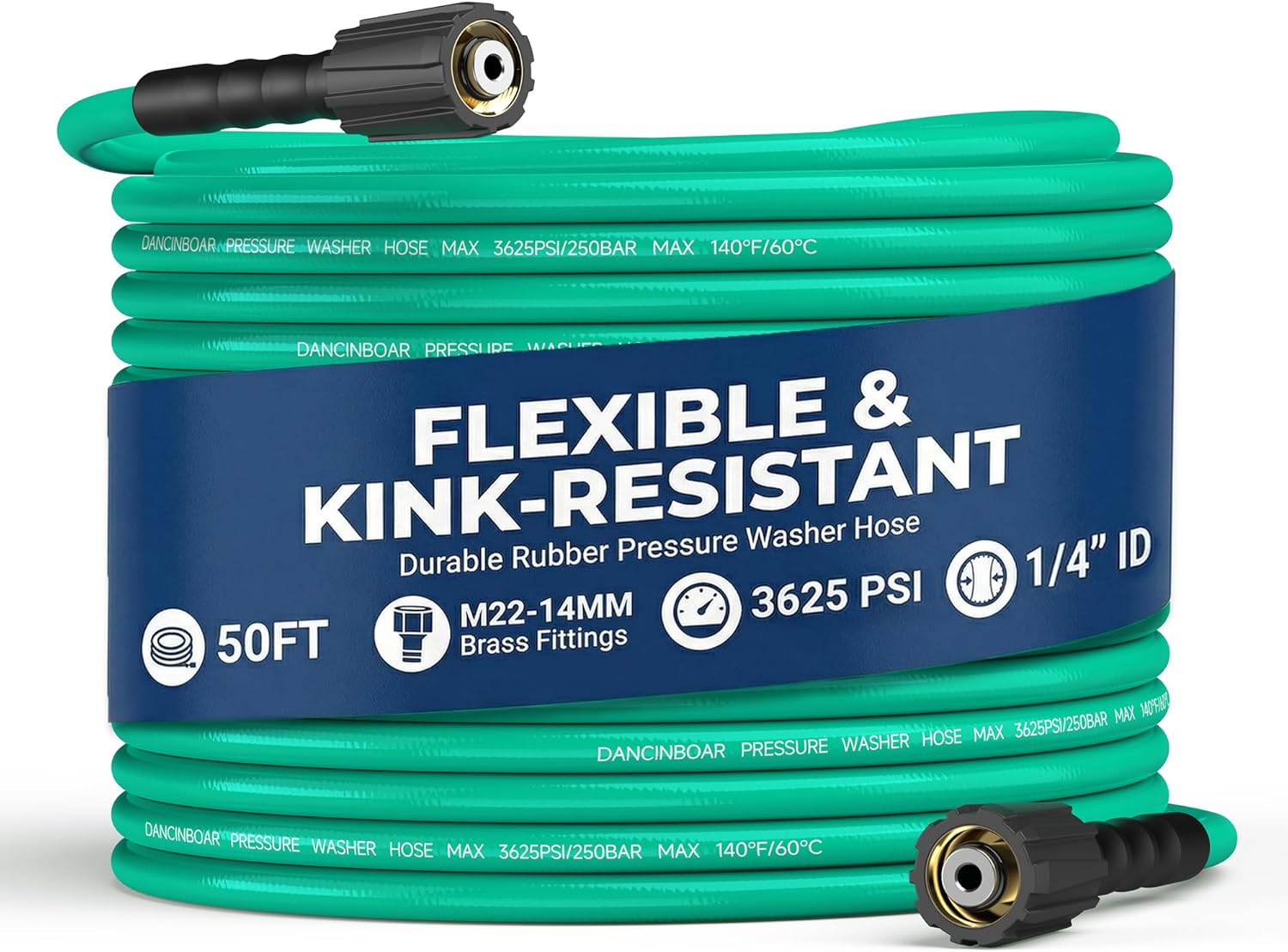 Super Flexible Pressure Washer Hose 50FT 1/4", 3625 PSI Kink Resistant Rubber Power Washer Hose with M22-14MM Brass Fittings, Rubber High Pressure Replacement Hose for Gas & Electric Pressure Washers