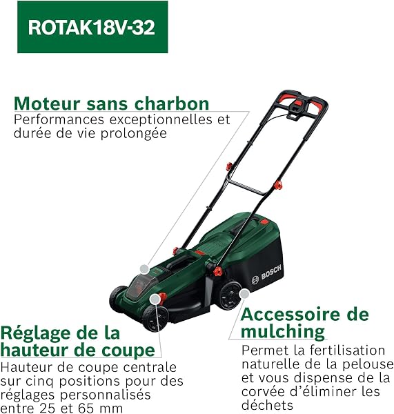Bosch Tondeuse à Gazon sans-Fil ROTAK18V-32 (Largeur de Coupe: 32 cm, Hauteur de Coupe: 25-65 mm, Sac de ramassage en Tissu 35 l, Accessoire de Mulching, Batterie et Chargeur) - 3