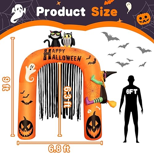Miniatura 3 de Decoración inflable de arco inflable de Halloween de 9 pies de alto, decoración iluminada de Halloween con gato, búho y bruja en arco, arco inflable