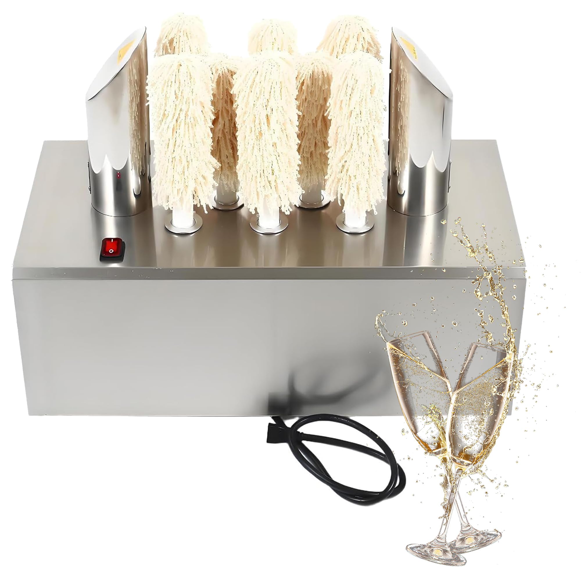 Polisseuse Électrique Commerciale pour Verres à Vin - 3/5/8 Brosses Microfibre + Séchage 136℉, 1200W, 330 Verres/H, Acier INOX Idéal Restaurants/Bars