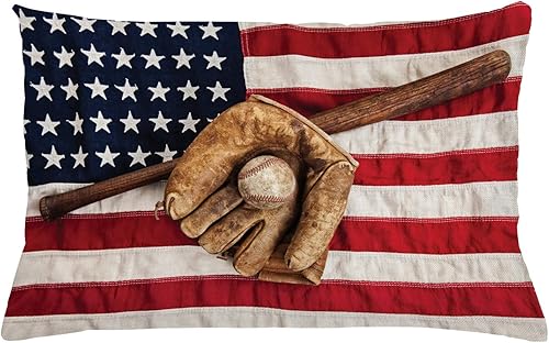 Ambesonne Funda de cojín decorativa rectangular de béisbol, equipo de la liga de béisbol de Estados Unidos, vintage, grunge, guante y bate, temática