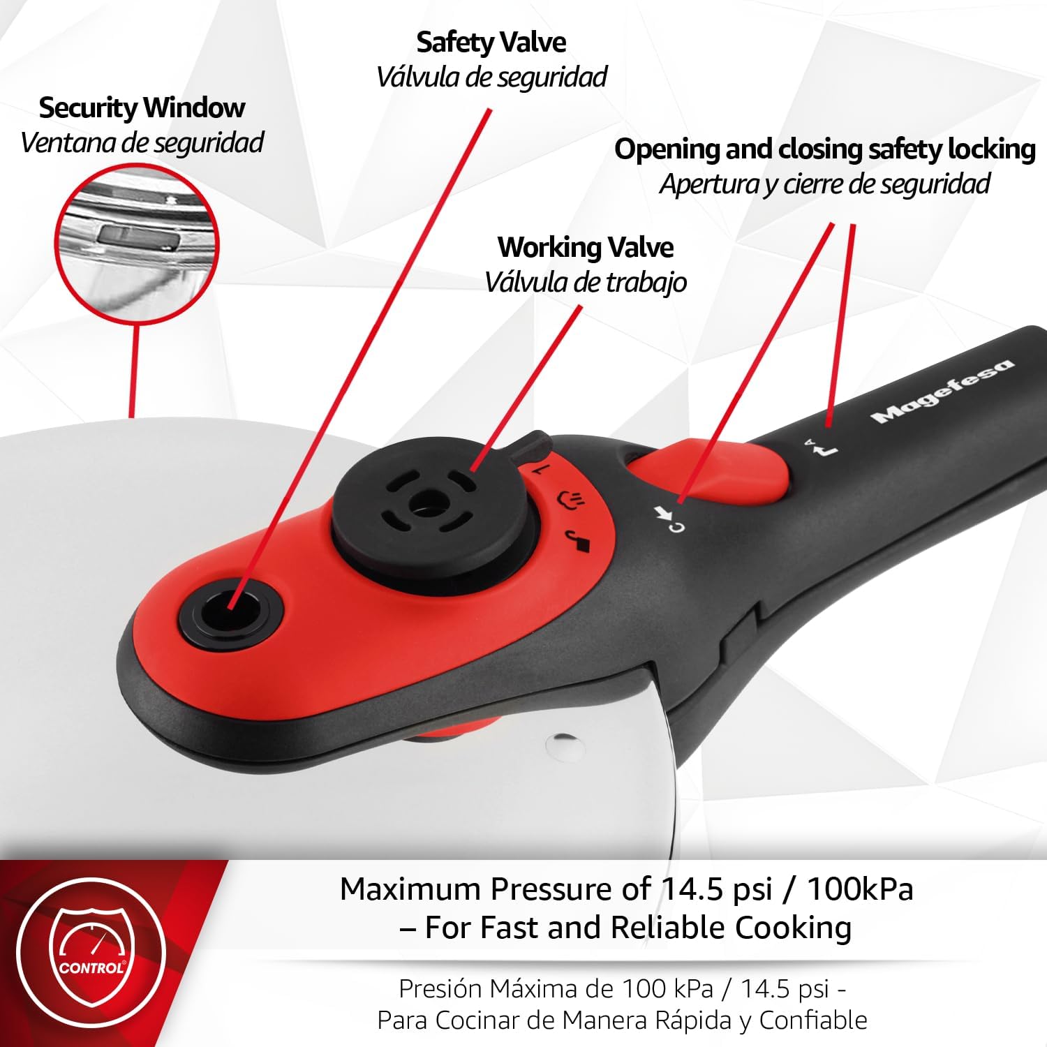 Magefesa Activa2 5.3-Quart Stainless Steel Pressure Cooker – 2 Cooking Programs, Works on All Stovetops, Red Handle