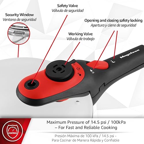 Miniatura 6 de Magefesa Activa2 - Olla a presión de acero inoxidable de 5.3 cuartos de galón, 2 programas de cocción, funciona en todas las estufas, mango rojo
