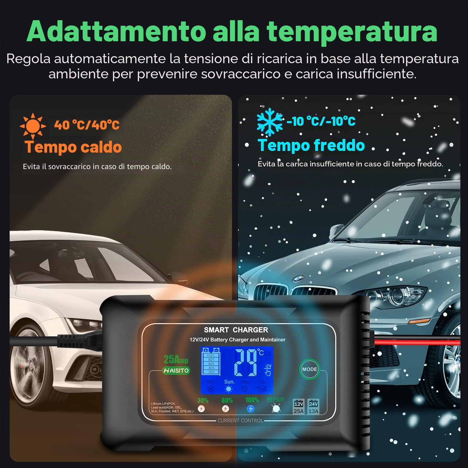 Haisito Carica Batterie per Auto 12V/24V 25A, Caricabatterie Auto Intelligente Caricabatteria e Mantenitore Moto Portatile per Batterie al Litio, LiFePO4, Piombo-acido(AGM, GEL, EFB, SLA, VRLA)