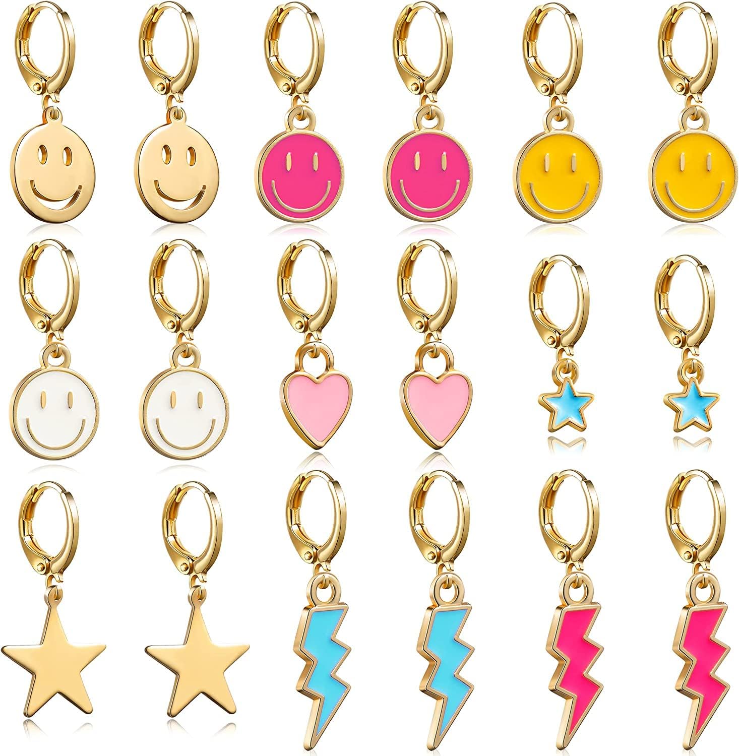 FUSU 9 Pairs Preppy Earrings Pack with Colorful Happy Smile Lightning Bolt Heart Star Charms Pendants Gold Small Huggie Hoop Dangle Earrings Trendy Y2K Preppy Jewelry Gifts for Teen Girls Women