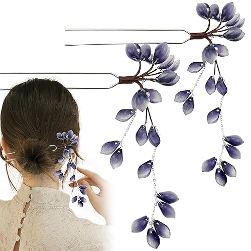 Paquete de 2 pétalos de flores con borlas de perlas, horquilla china Hanfu y estilo horquilla para el cabello de metal hecha a mano, accesorios para