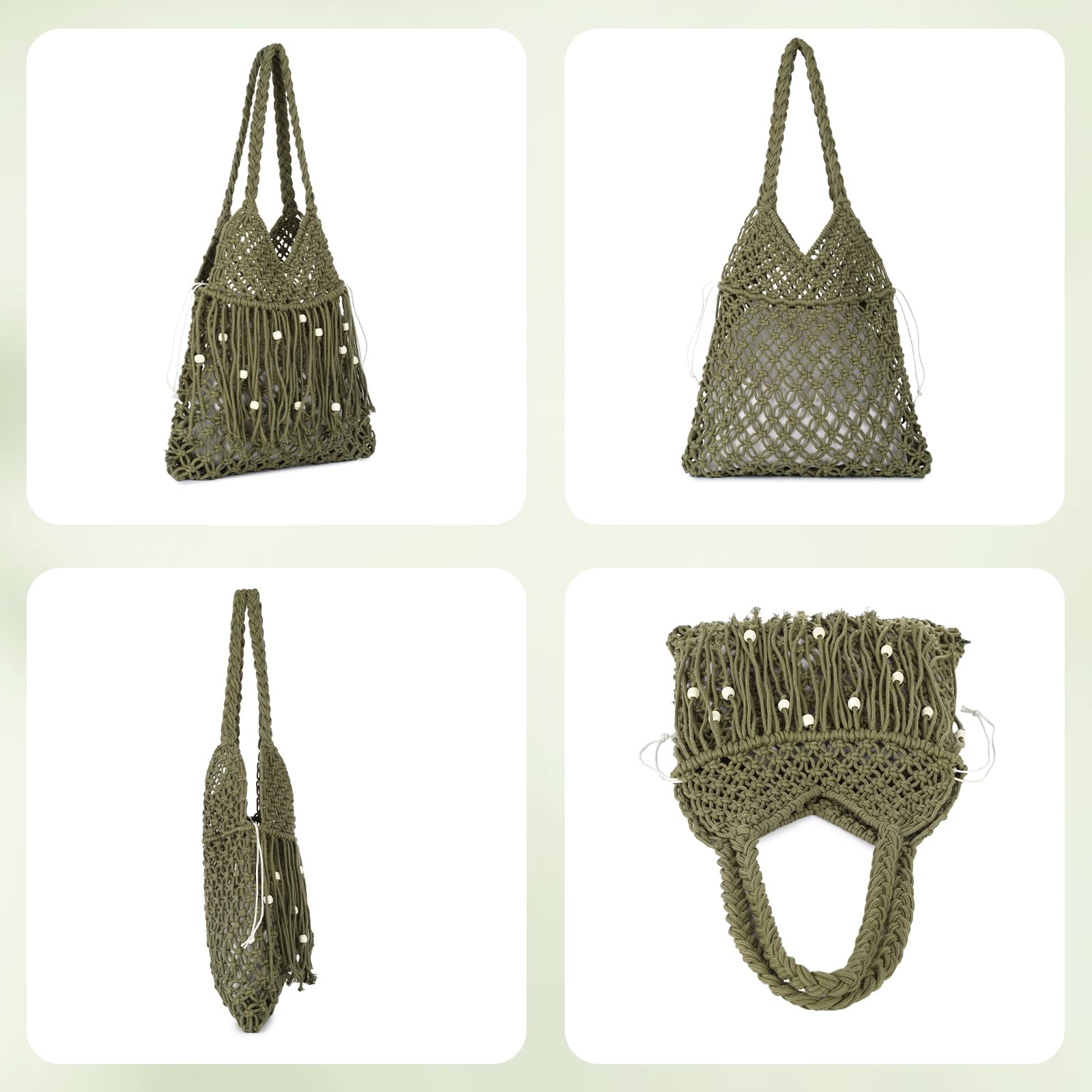 Bolso de mano bohemio para mujer, de algodón, tejido de punto, bolsa de playa con borlas, bolso de hombro de verano con bolsillo interior, bolsa de ganchillo bohemia para vacaciones