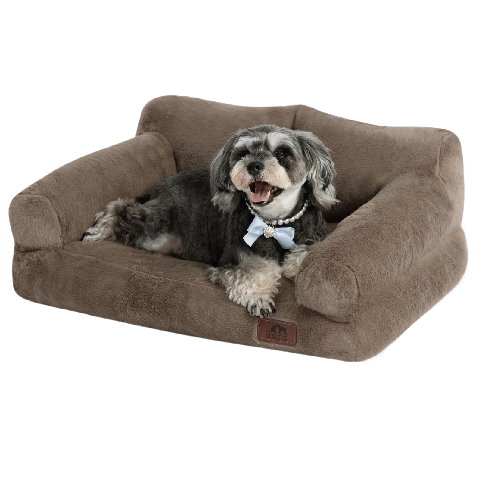 Hollypet Fluffy Plush Pet Sofa Soft Calming Pet Sofa Beds for Medium Small Cats and Dogs, Dark Brown