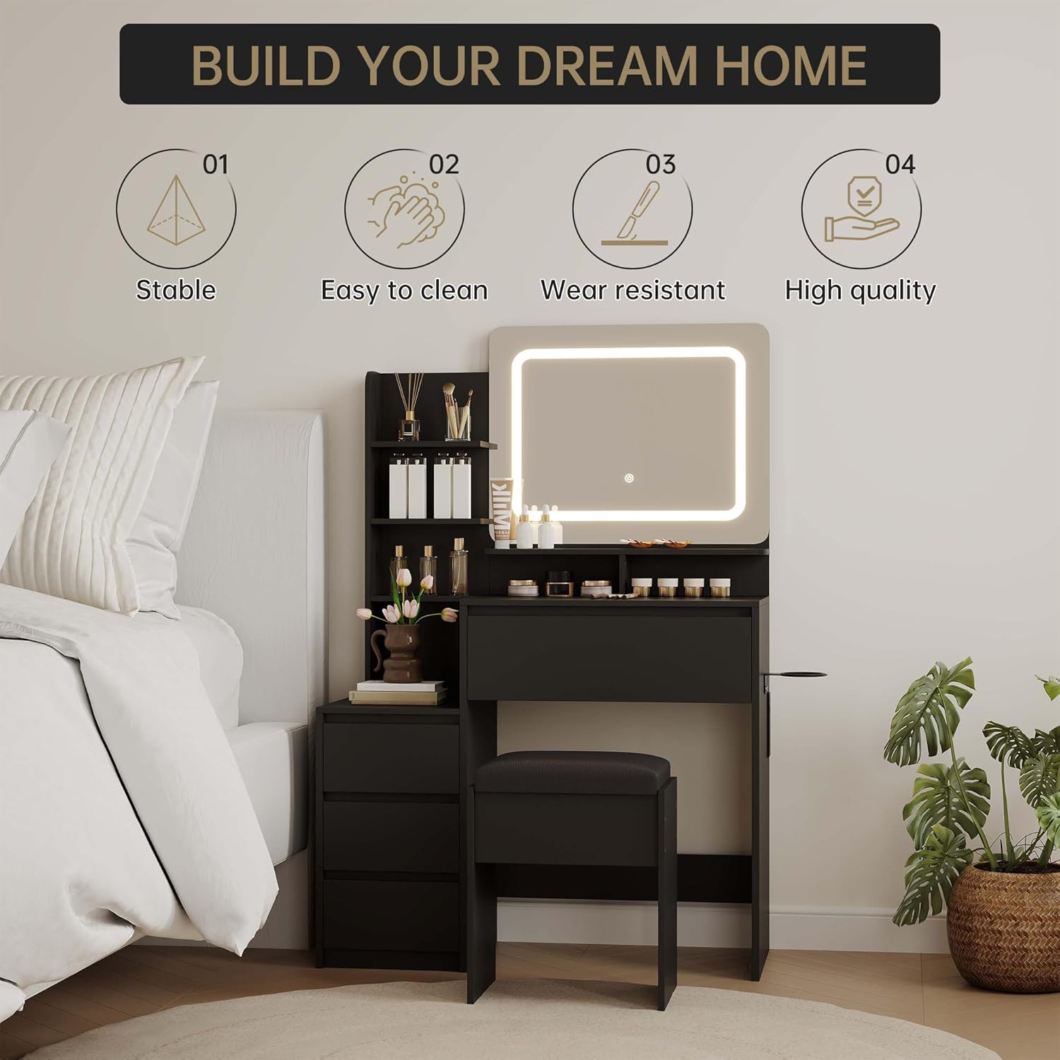 Makeup Vanity Desk with Mirror and Lights with Drawers, Power Outlet, USB Ports, Stool, Dressing Table with 3 Lighting Color Adjustable for Bedroom, Women,