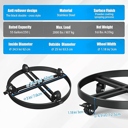 Miniatura 3 de Carretilla de tambor resistente de 55 galones, capacidad de 1250 libras, diseño antivuelco con 4 ruedas giratorias y 2 frenos, estilo de horquilla