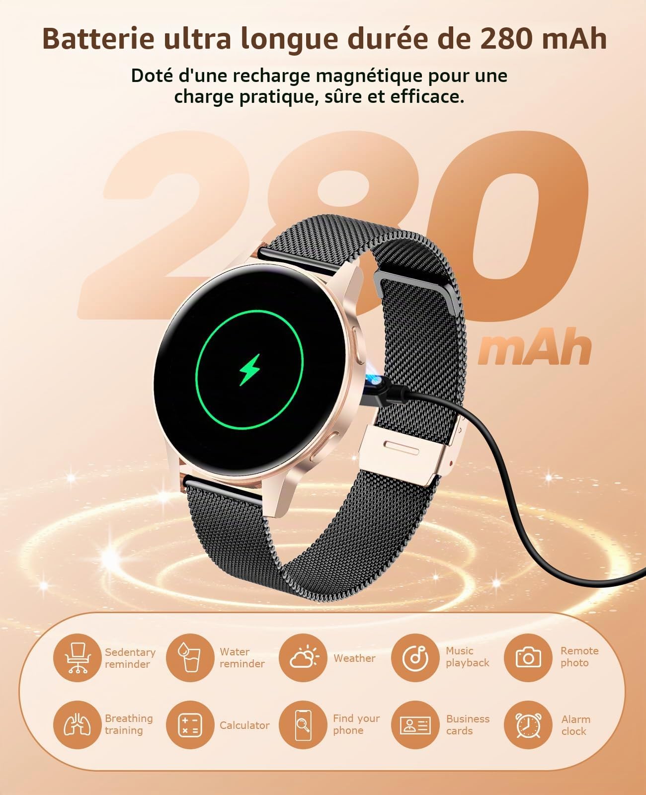 2025 Montre Connectée Femme avec SIRI/ET/HR, 1.27" TFT Smartwatch avec Appel Bluetooth Cardiofréquencemètre 120+ Modes Sport Montre IP68 Fitness Podomètre pour Android iOS (Or Noir)