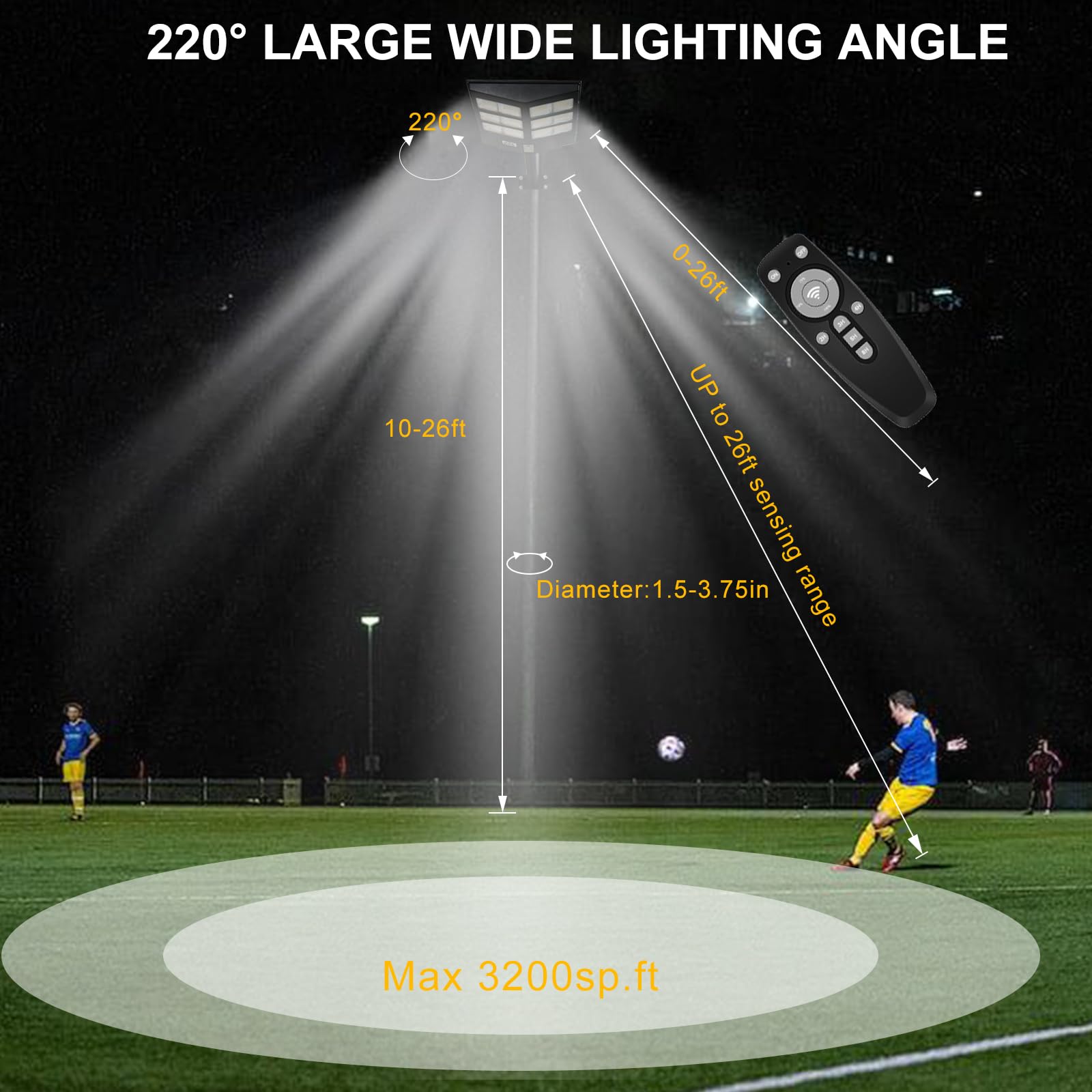 iodoo Lampada da strada, 3600 W, solare con sensore di movimento, per esterni, 240 LED, 36000 lm, faretto a LED per esterni, impermeabile IP66, faretto solare per parco giochi e cortile