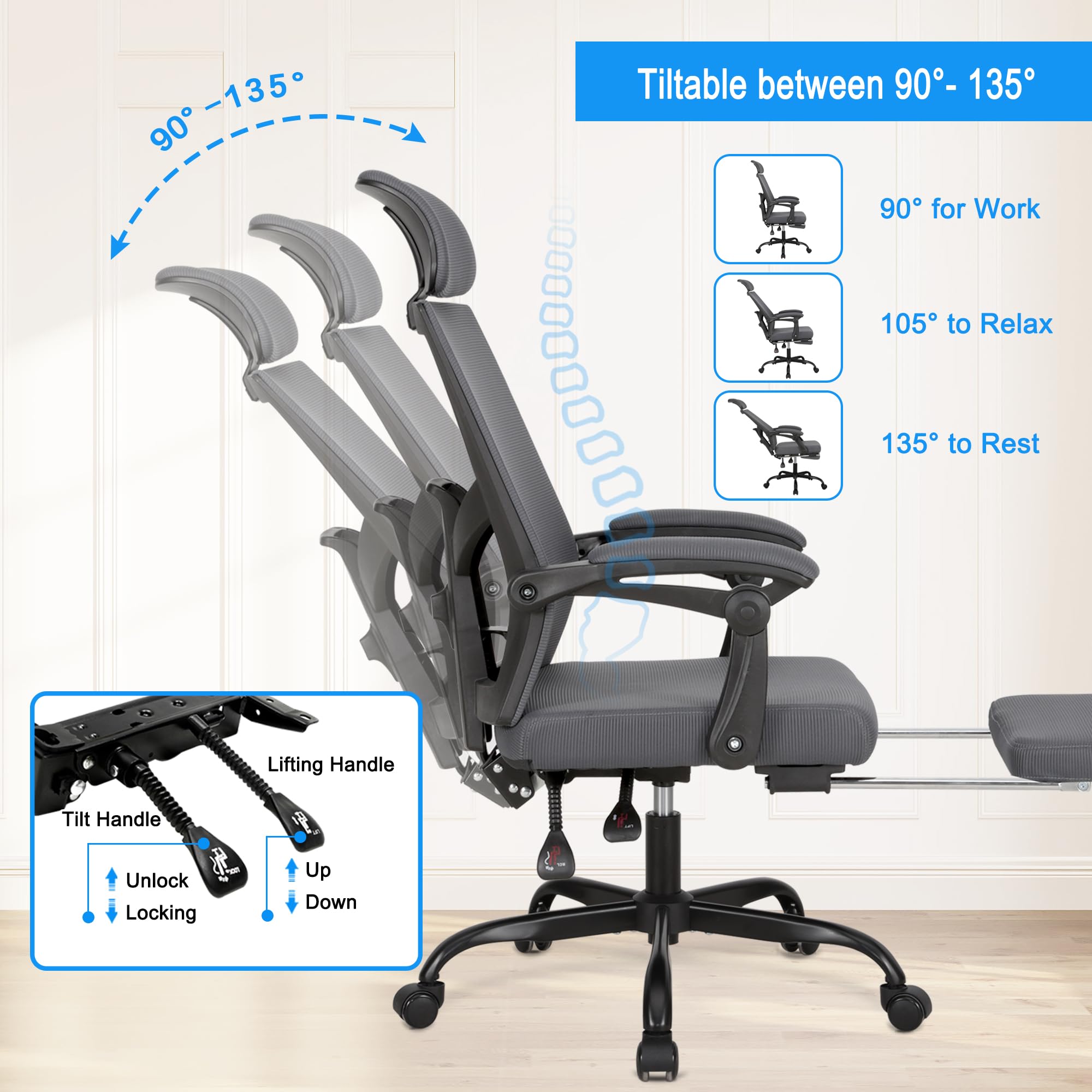 UEV Silla de Oficina Ergonómica con Reposapiés, Silla de Escritorio con Reposacabezas Ajustable, Soporte Lumbar, Regulable en Altura, Inclinable, hasta 136 kg, Tejido Transpirable, Gris