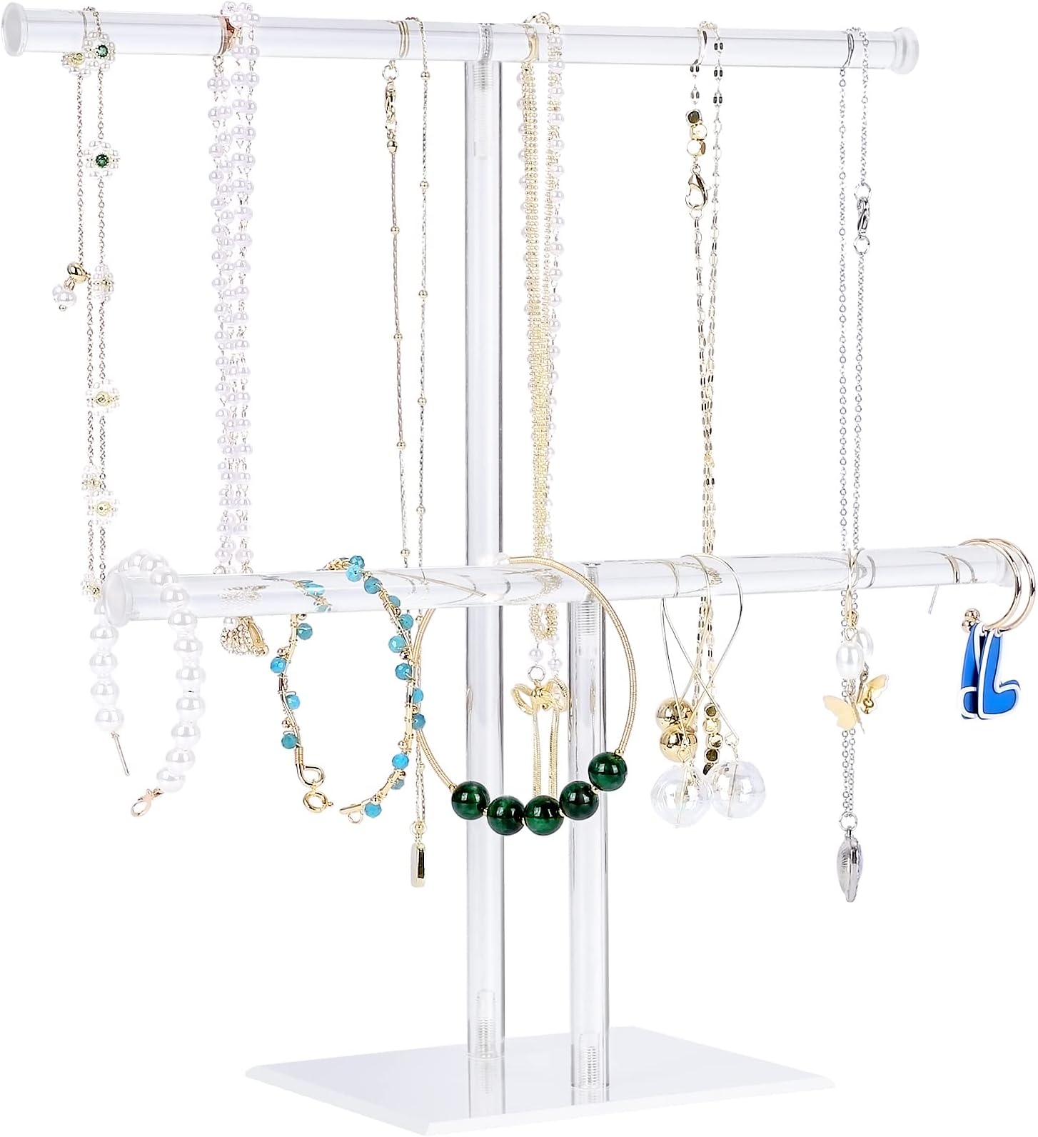 Jewelry Stand Necklace Holder, Acrylic Jewelry Display Holder, Necklace and Bracelet Hanging Organizer, Clear 2-Tier Tower Stand for Bangles, Necklaces, Bracelets, Rings, Earrings and Watch