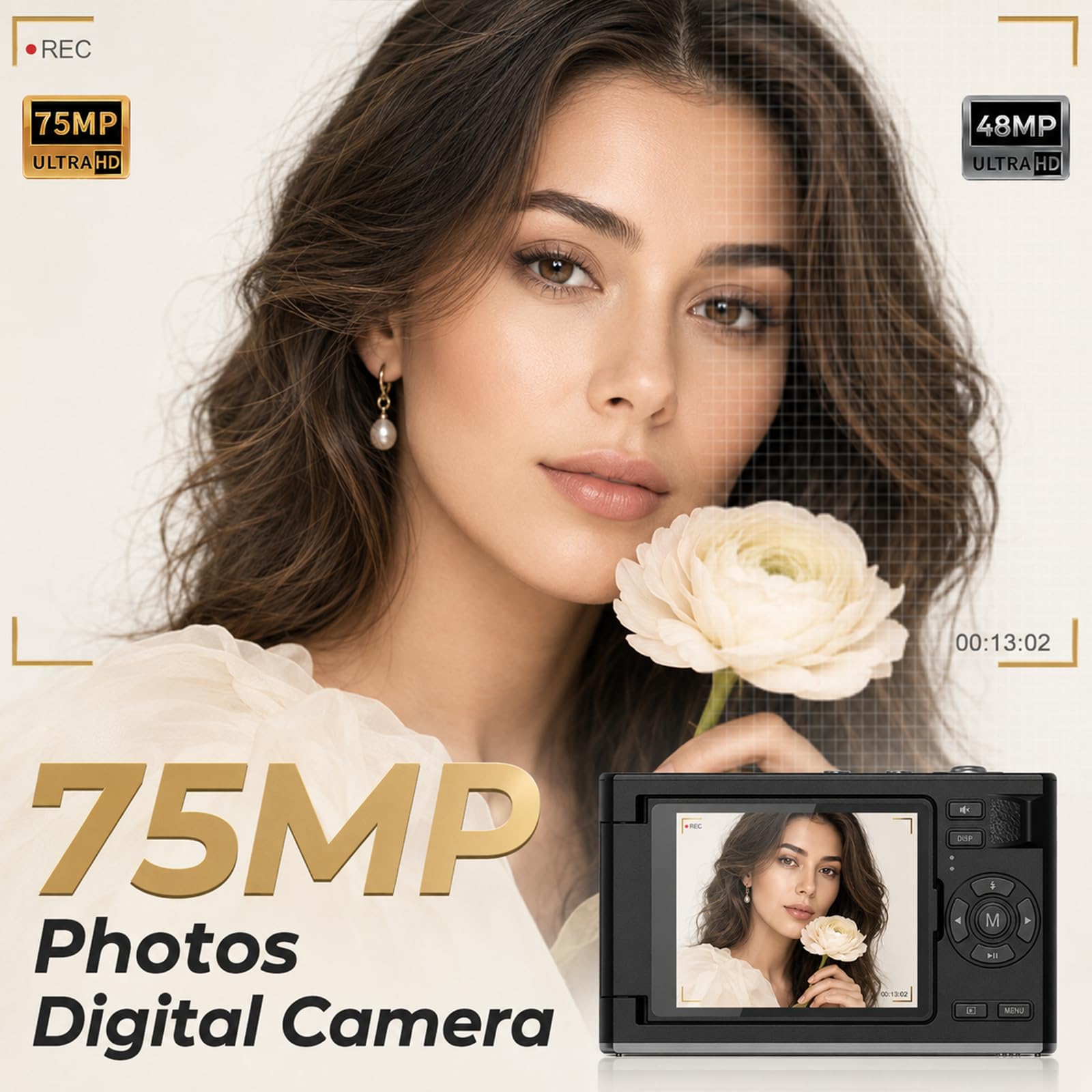 Cámara Digital 5K Selfies Pantalla 180° con Espejo para Principiante Negro