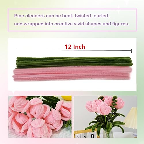 Miniatura 3 de Juego de 200 limpiapipas rosa verde oliva con alambres florales y cinta de jardinería, tallos de felpilla para hacer ramos de tulipanes, proyectos