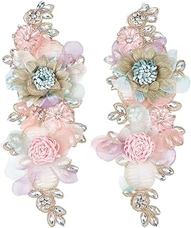 2Pcs 3D Floral Embroidery Applique Pink Rhinestone Flower Appliques Polyester Crystal Sequin Lace Sew on Tulle Patch for Sewing Making Crafts Bridal Dress Wedding Costumes Accessories Supply - Buy now