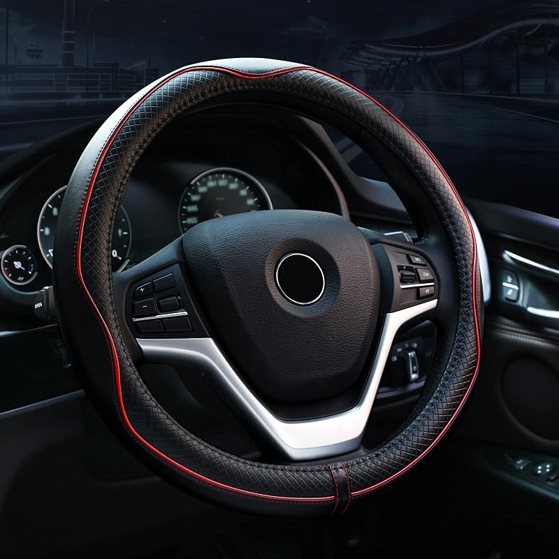 Capa para Volante Valleycomfy em Couro Legítimo Preta com Linhas Vermelhas para Volantes de 39,4 a 40,6 cm