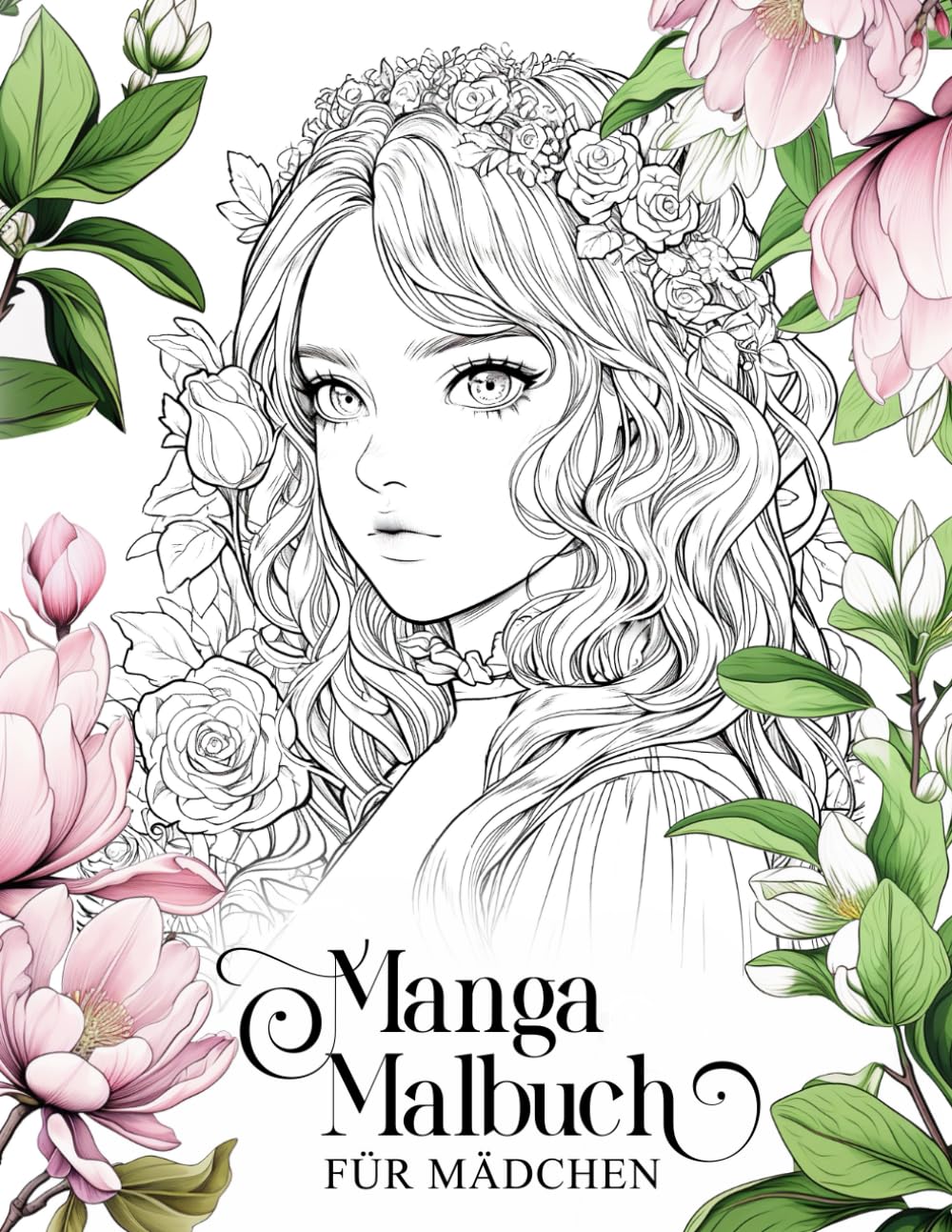 Manga Malbuch für Mädchen: 50 florale Porträts von Mädchen umgeben von Blumen – für Kreativität und Beschäftigung