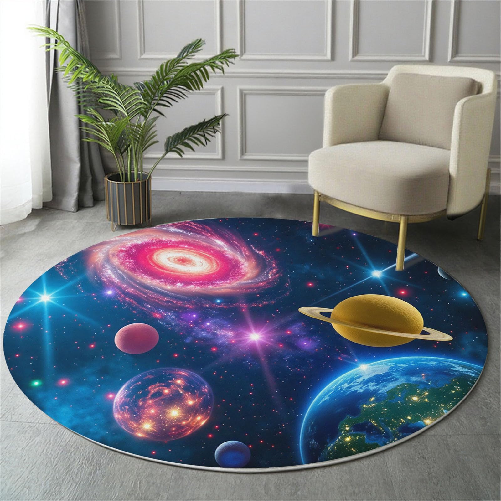 Tapis rond 200cm bleu de salon lavable pour éliminer les taches tenaces facilement