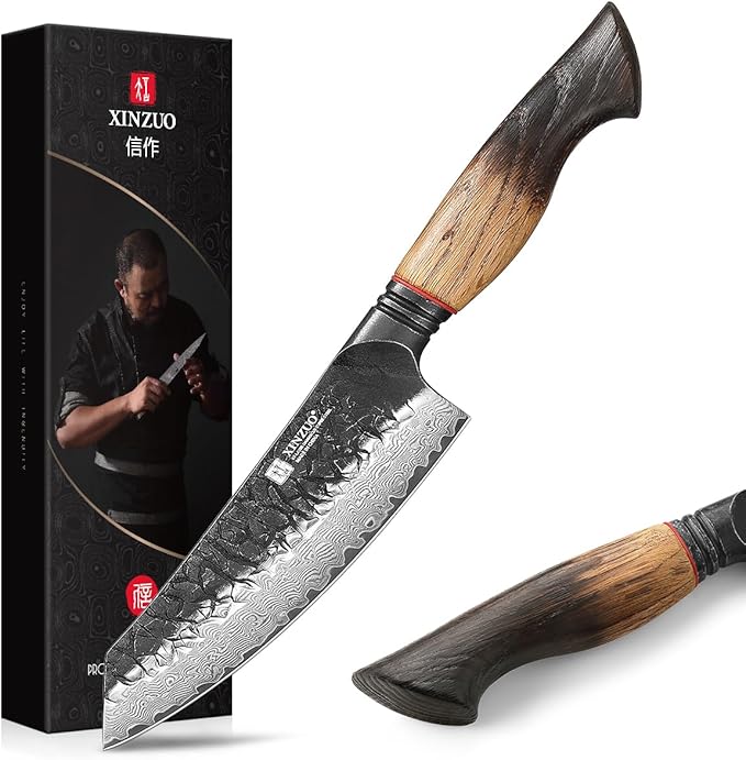 XINZUO 14,5cm Cuchillo Santoku Acero de Damasco Núcleos de Acero 10Cr15CoMoV -Cuchillo Chef de Cocina Forjado a Mano Hojas Afiladas -para Carne, Pescado, Frutas y Verduras -Mango de Roble Blanco
