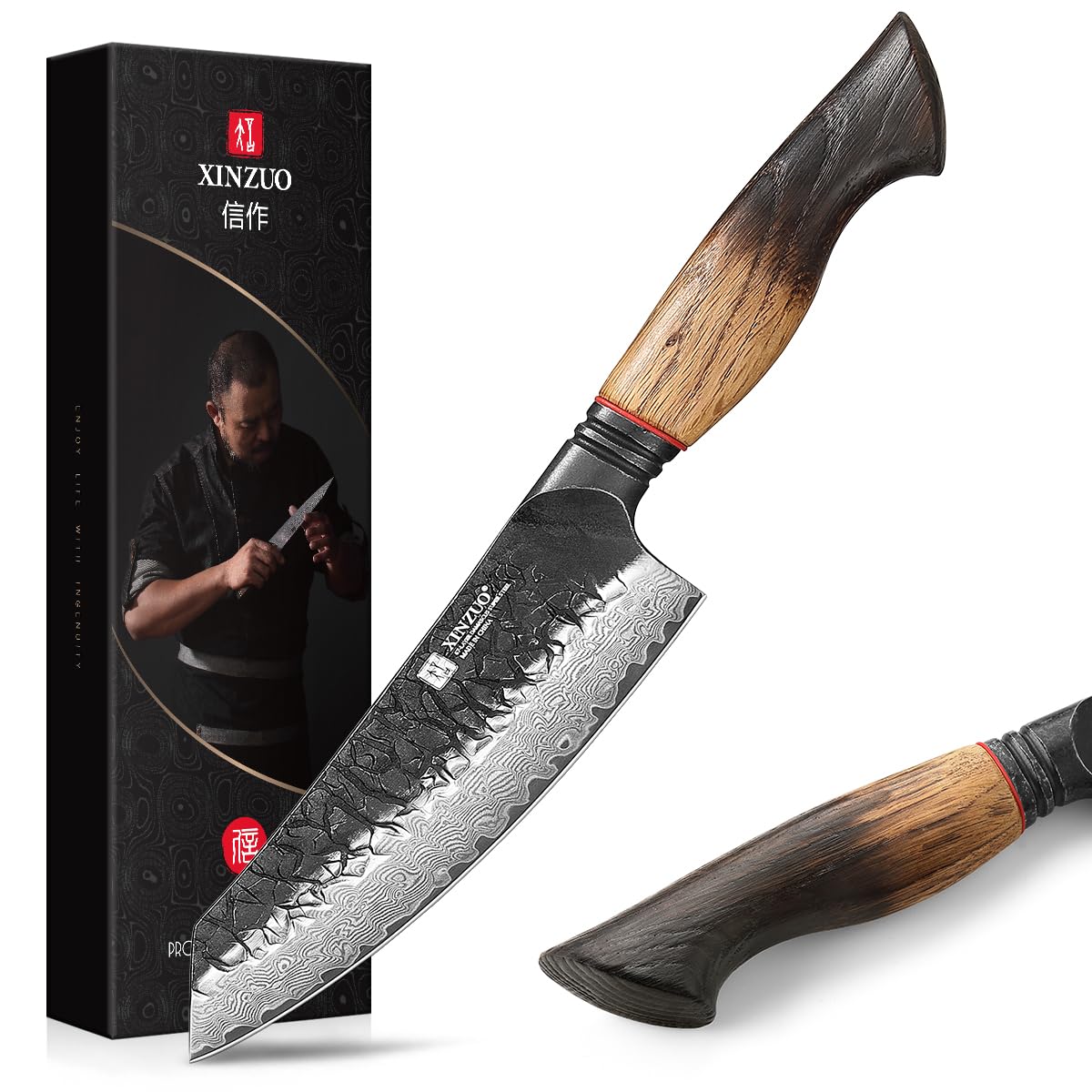 5.7 Inch Damascus Small Santoku Knife,67-Layer Damascus Steel Stay Sharp Multi-Purpose Kitchen Knives for Meat,Vegetables & All Tasks with White Oak + Red G10 Gasket Handle