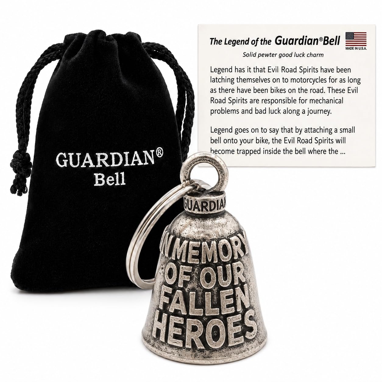 Guardian Bell In Memory of Fallen Hero Good Luck Bell w/Keyring &amp; Black Velvet Gift Bag | Motorcycle Bell | Lead-Free Pewter | Good Luck Gift to Friends &amp; Family | Bike Bell | Made in USA