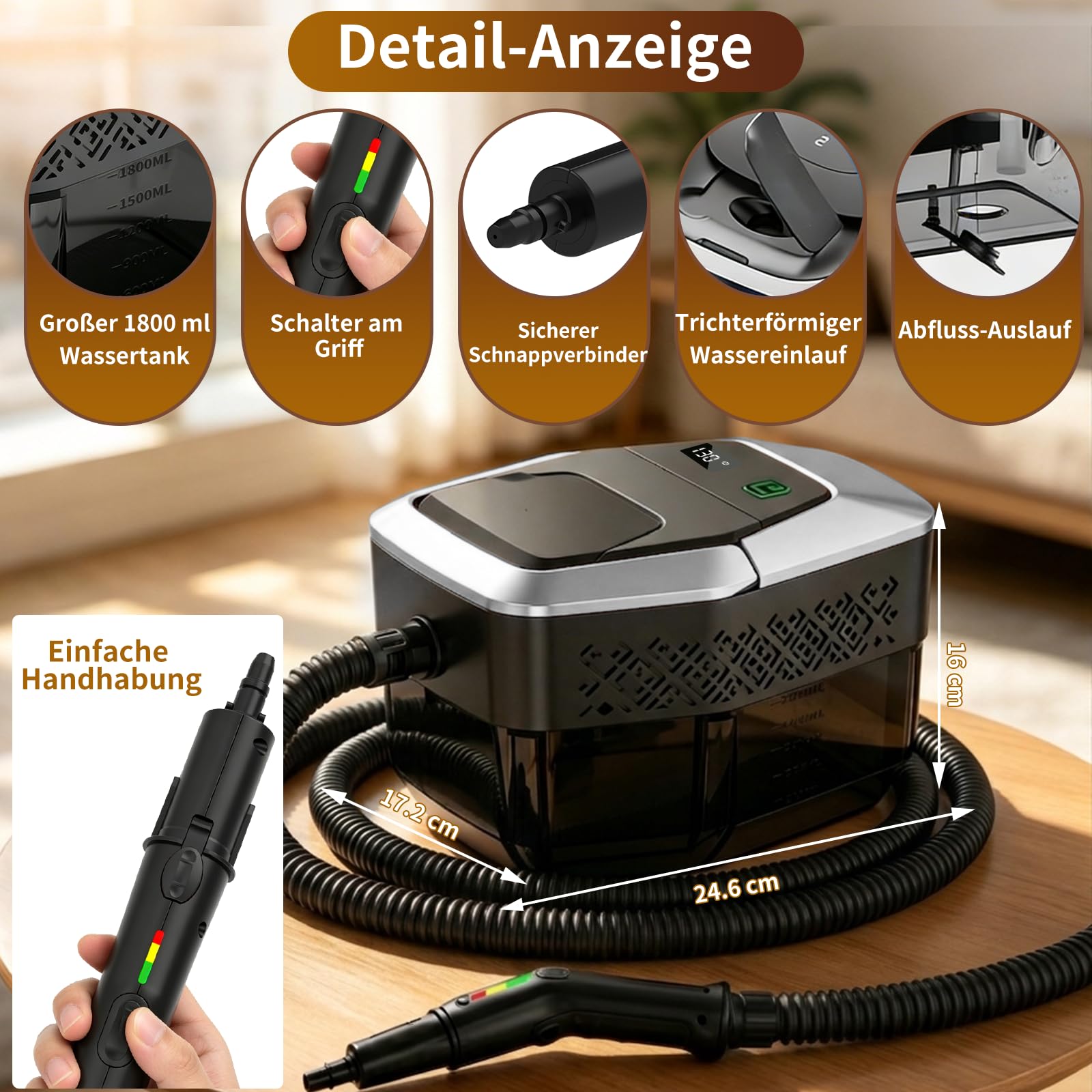 Dampfreiniger Handgerät, 2500W Handdampfreiniger mit Stufengriff, 8 Düsen, 1,8L Tank, 3 Dampfstufen, 4 BAR Hochdruck, 15S Heizzeit 105℃, Tragbarer Dampfreiniger für Auto Küche Bad Polster BBQ